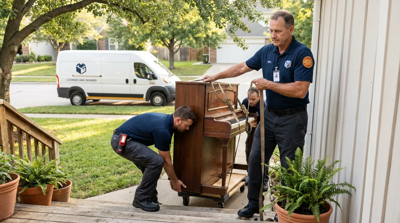 Licensed piano movers securing grand piano in Floyd, VA