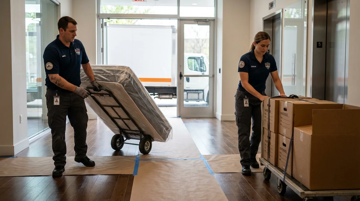Professional apartment movers loading elevator in Floyd, VA